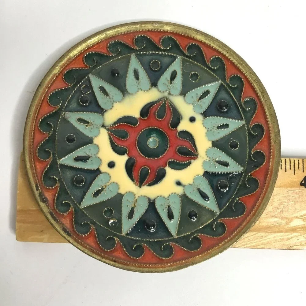 VTG Enamel Brass Wall Plate 3” Folk Art Cloisonné Boho Retro MCM Hanging Mandala